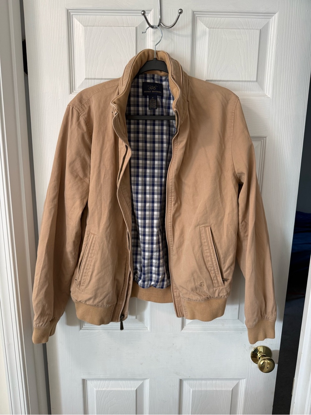 Brooks Brothers Tan Bomber Jacket with Blue Check Lining